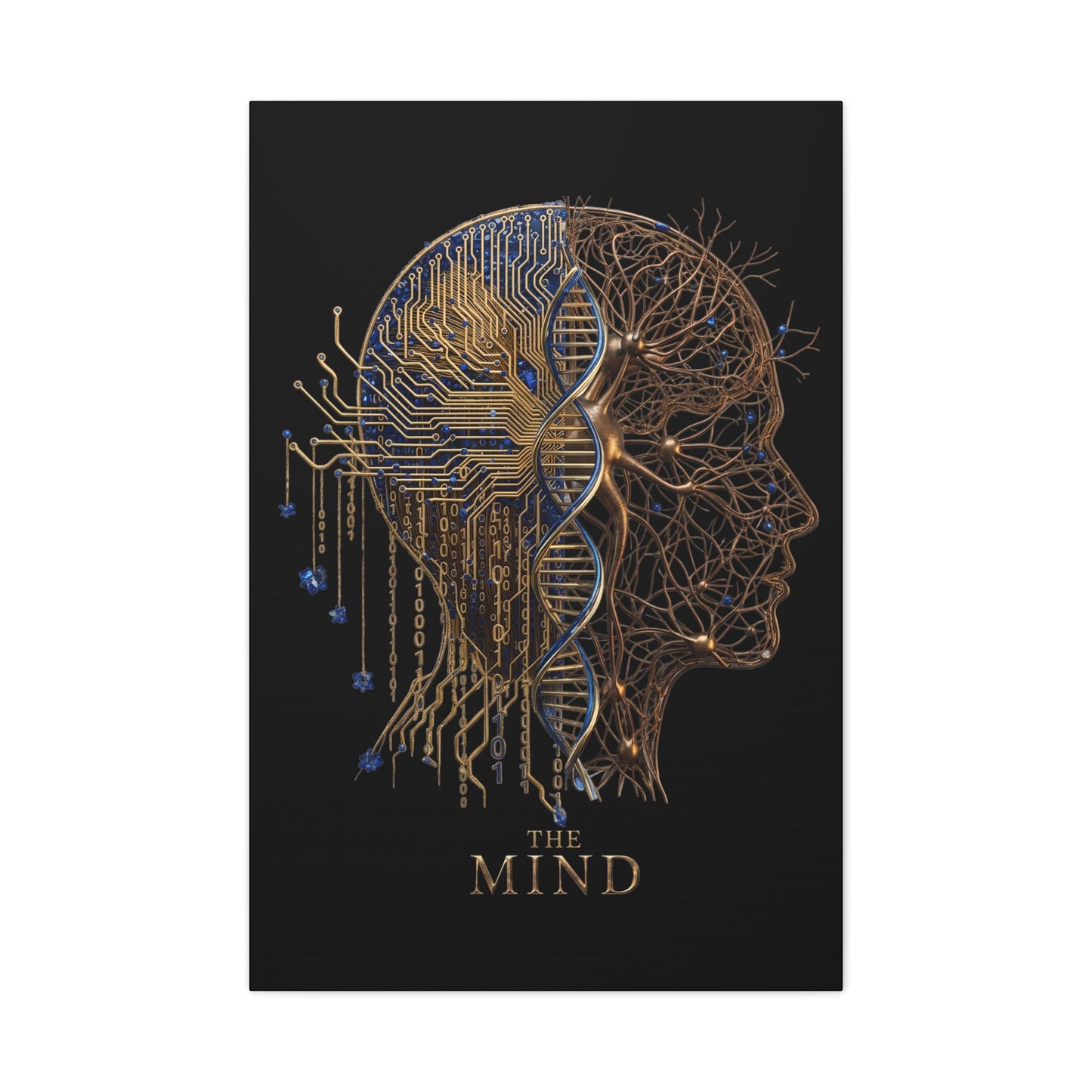 Artistic representation of a head with circuitry and DNA strands on a black background, featuring the text 'The Mind'.