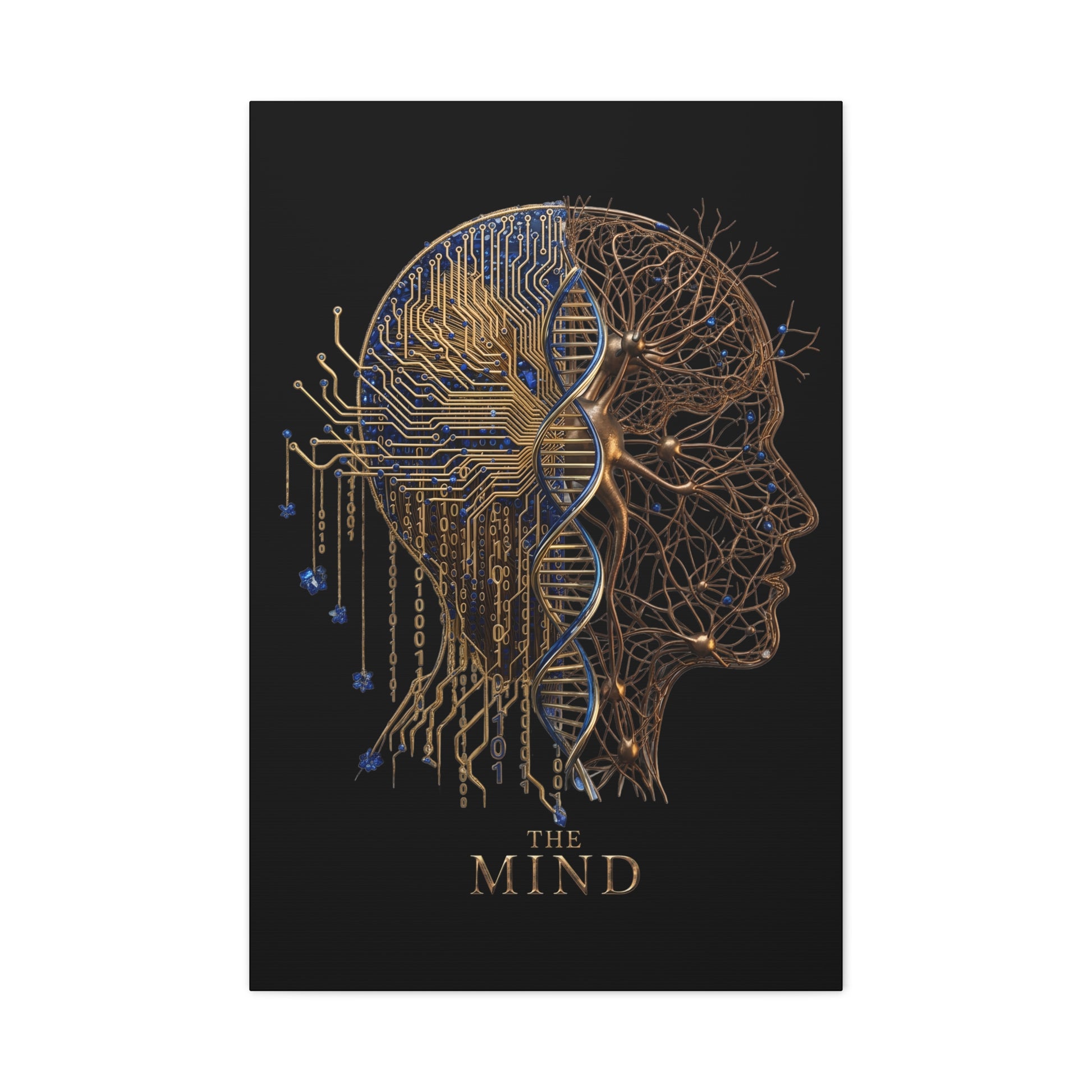 Artistic representation of a head with circuitry and DNA strands on a black background, featuring the text 'The Mind'.