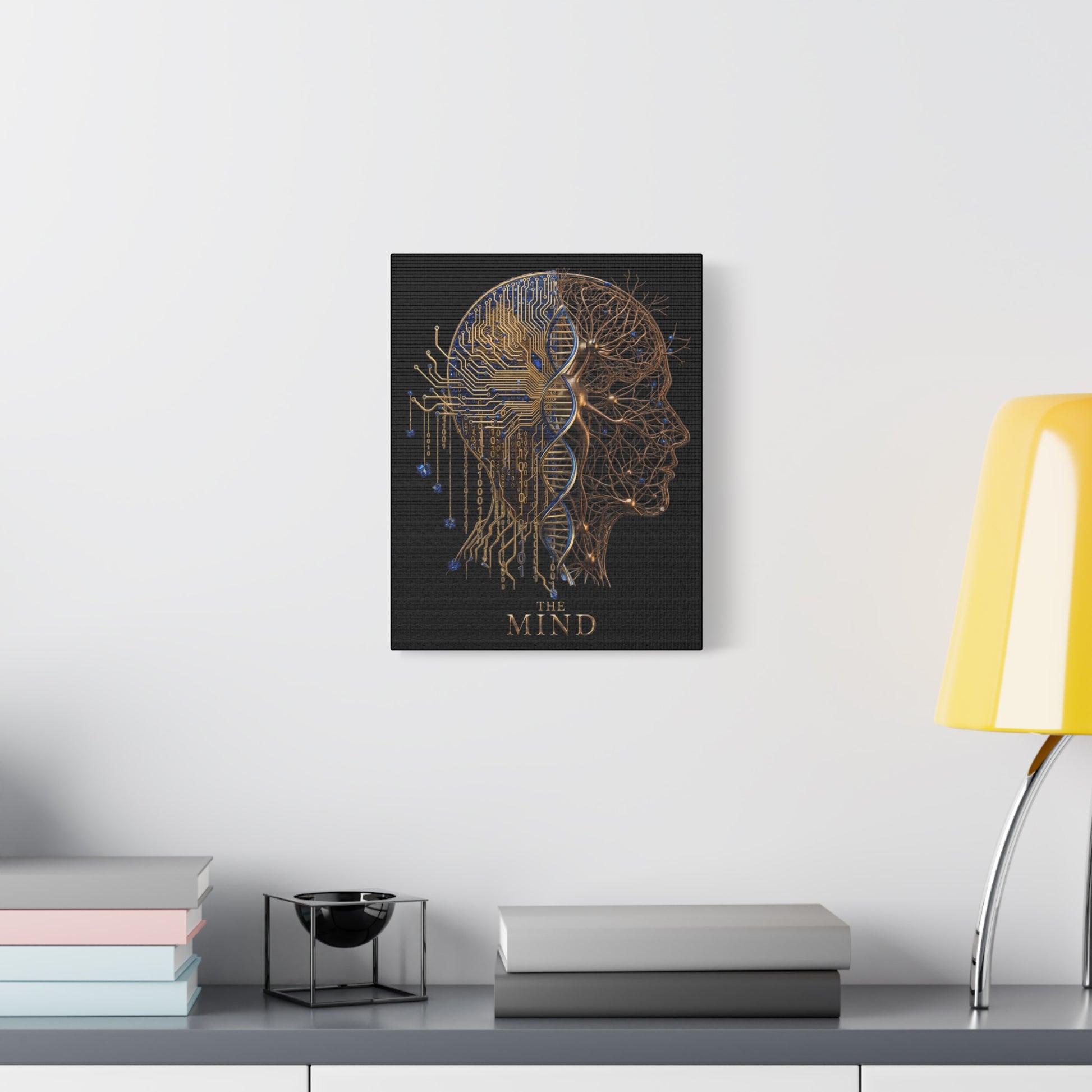 Canvas print of a brain and mind design on a wall above a desk with books and a lamp.