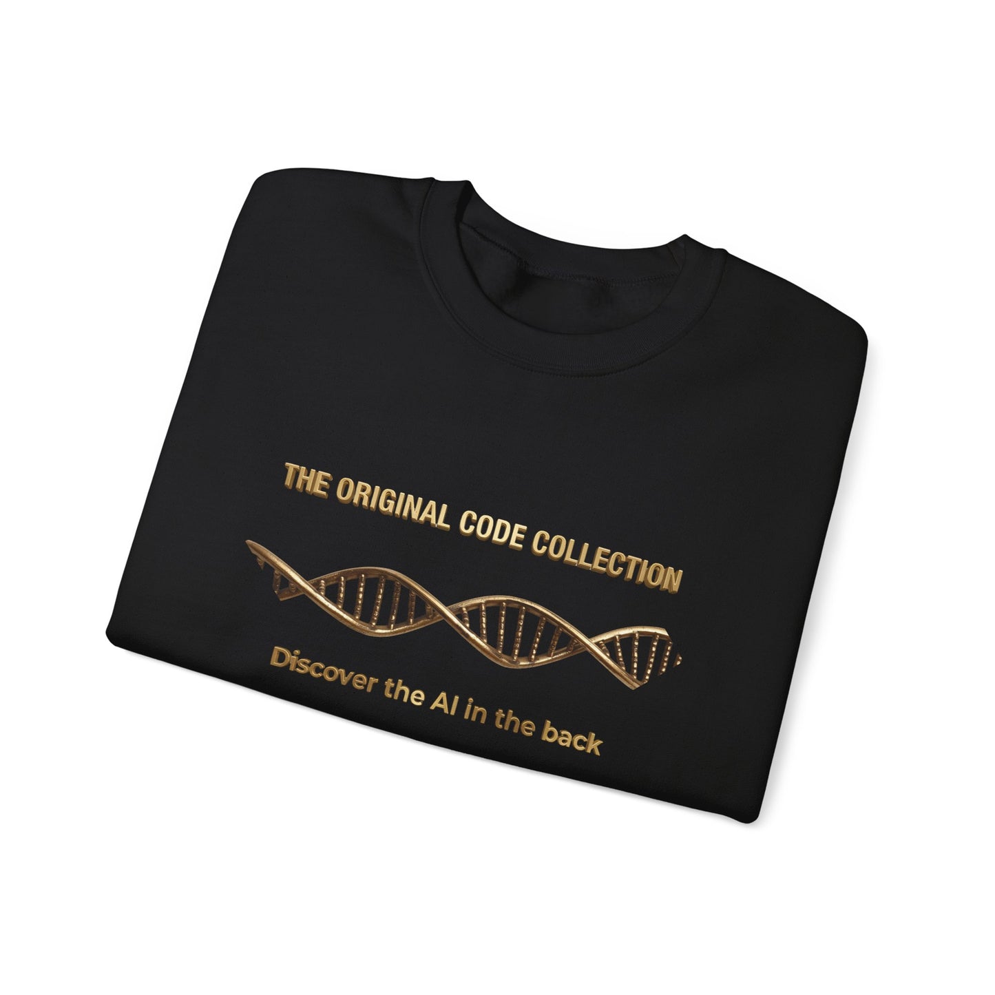 Black sweatshirt with 'The original code collection' text on a white background