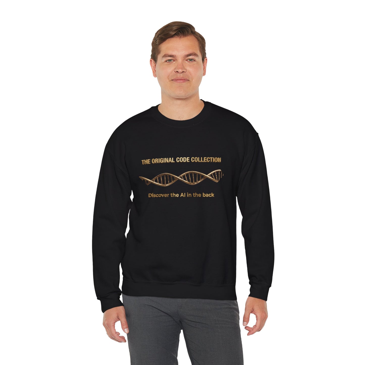 Man wearing a black sweatshirt with 'The original code collection' printed on it against a white background