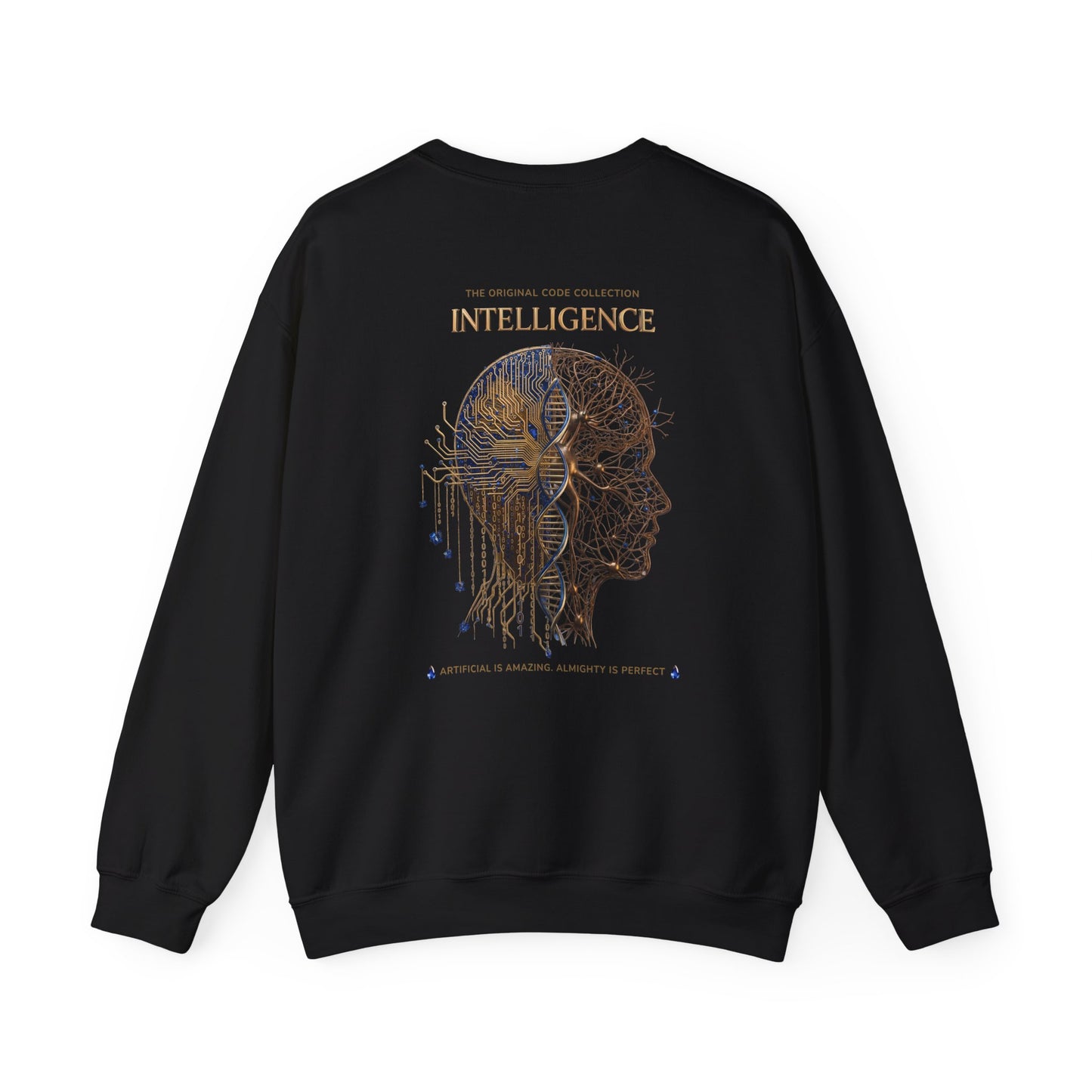 Black sweatshirt with a graphic design on the back featuring 'Intelligence' text and brain illustration.