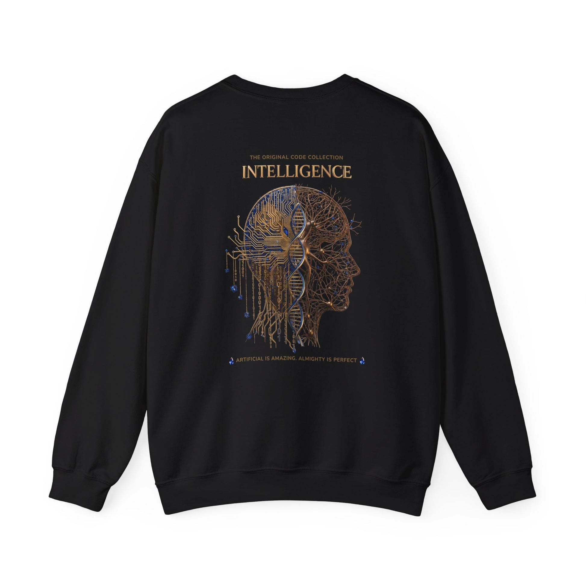 Black sweatshirt with a graphic design on the back featuring 'Intelligence' text and brain illustration.