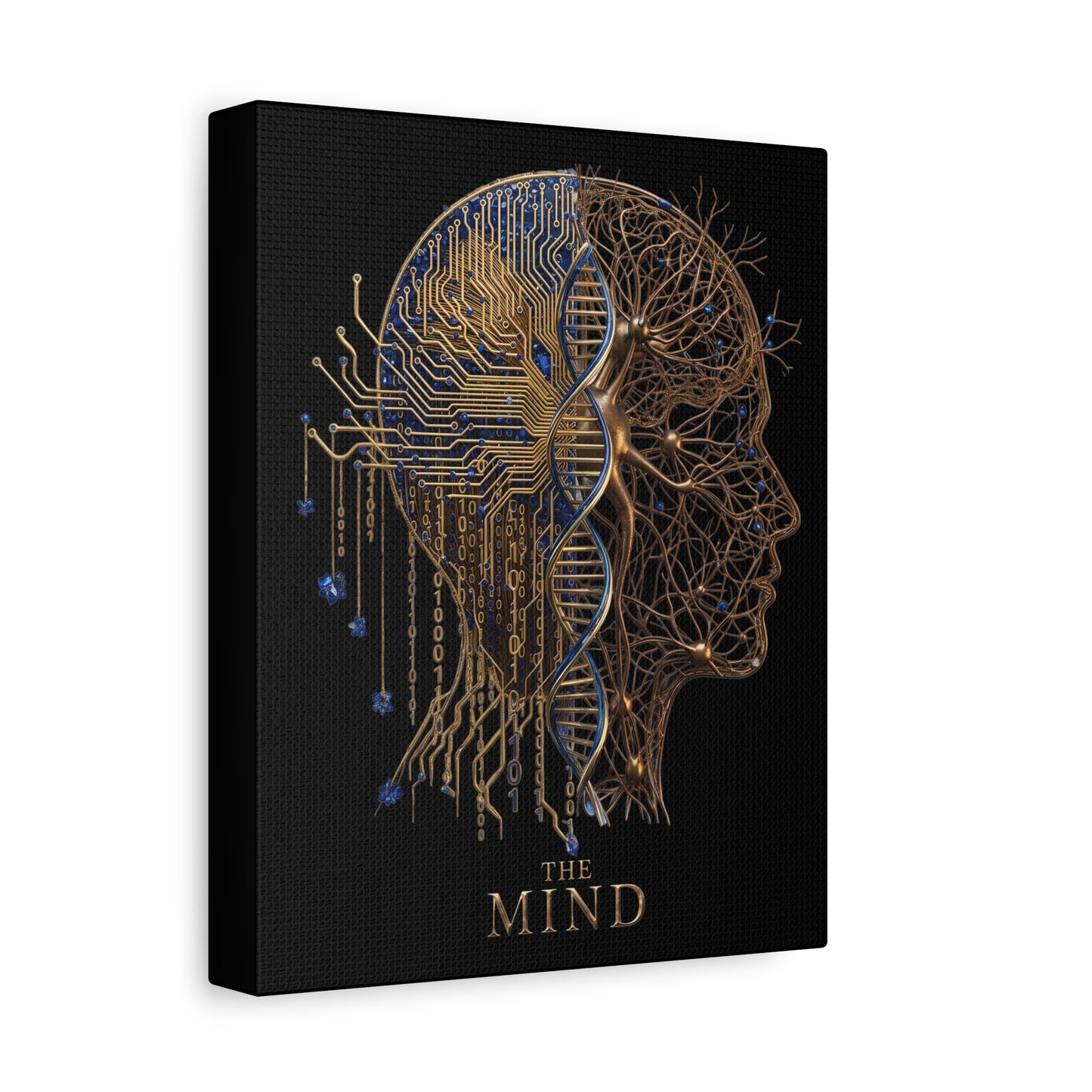 Canvas print with a stylized depiction of a human head merging with circuitry and the text 'The Mind' on a black background.