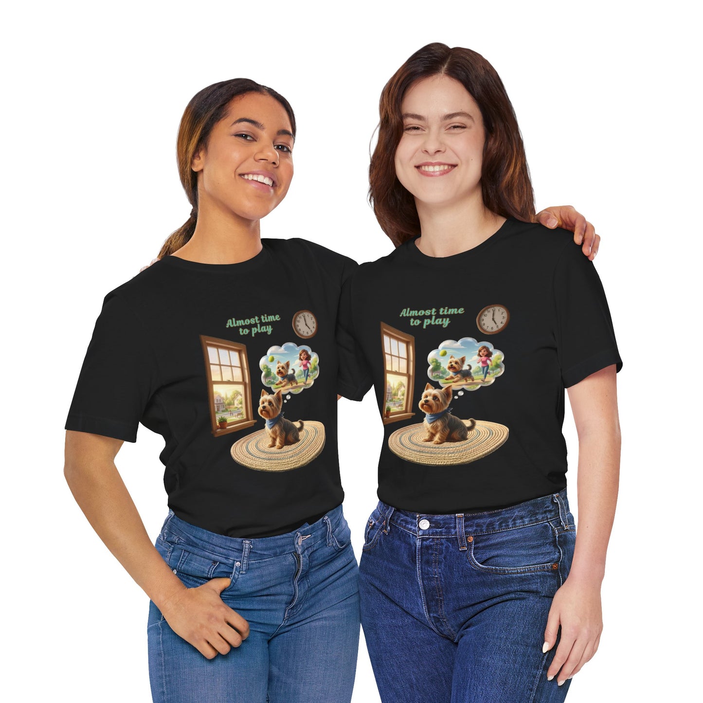 Two people wearing black t-shirts with a teddy bear graphic and text.