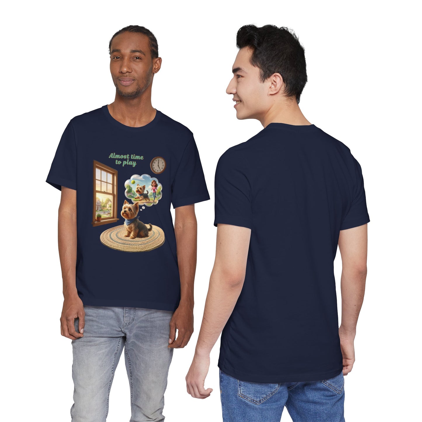 Navy blue t-shirt with a dog and clock graphic worn by two models, front and back views.