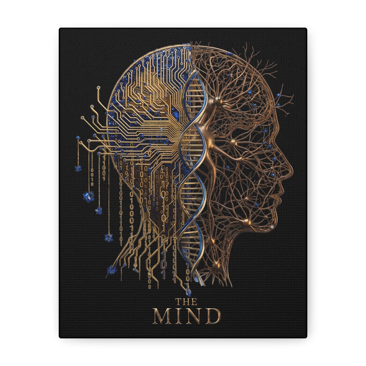 Canvas print with a stylized depiction of a human head combining neural network and circuit board designs, titled 'The Mind'.
