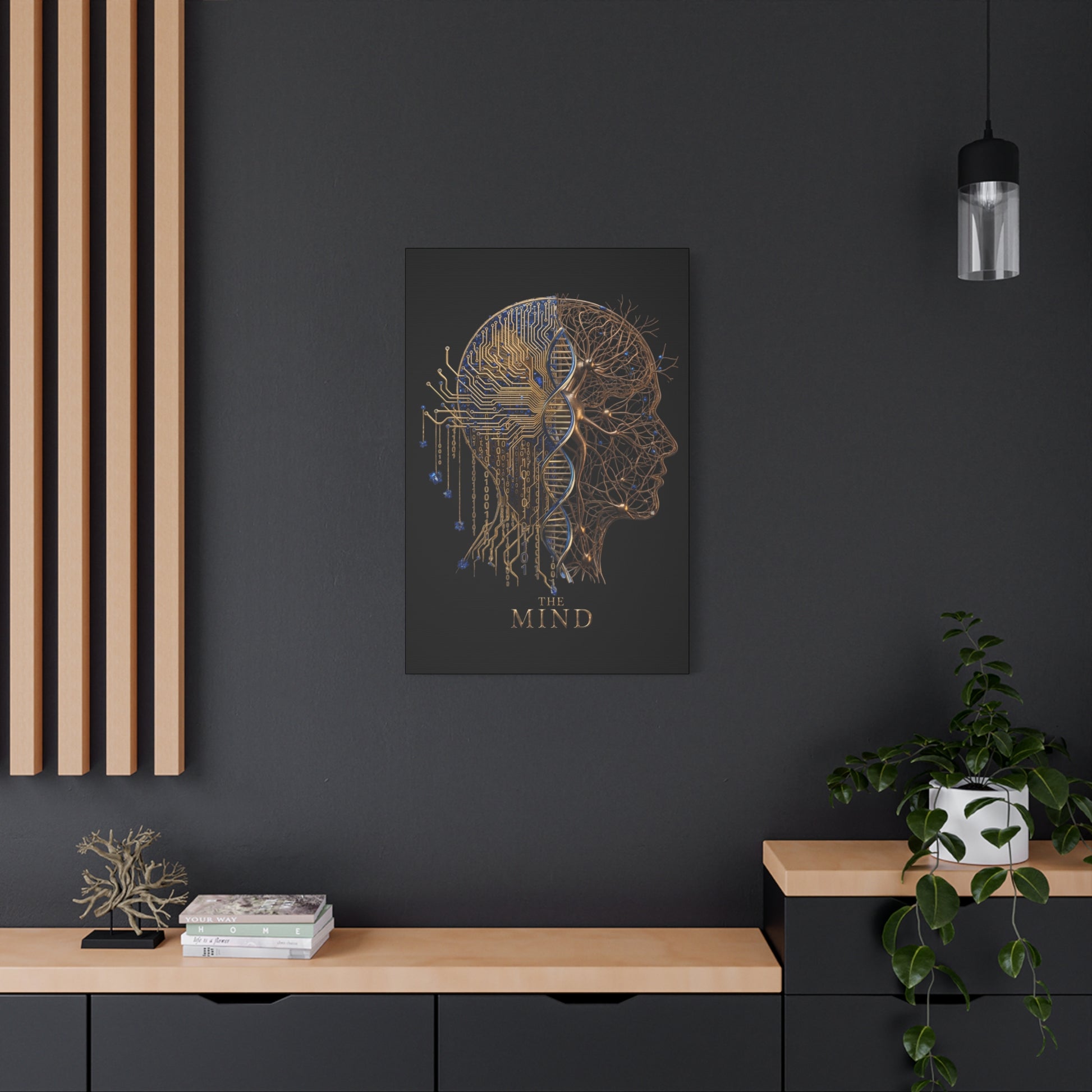 Framed artwork of a brain and skull design on a dark wall with wooden shelves and decor.