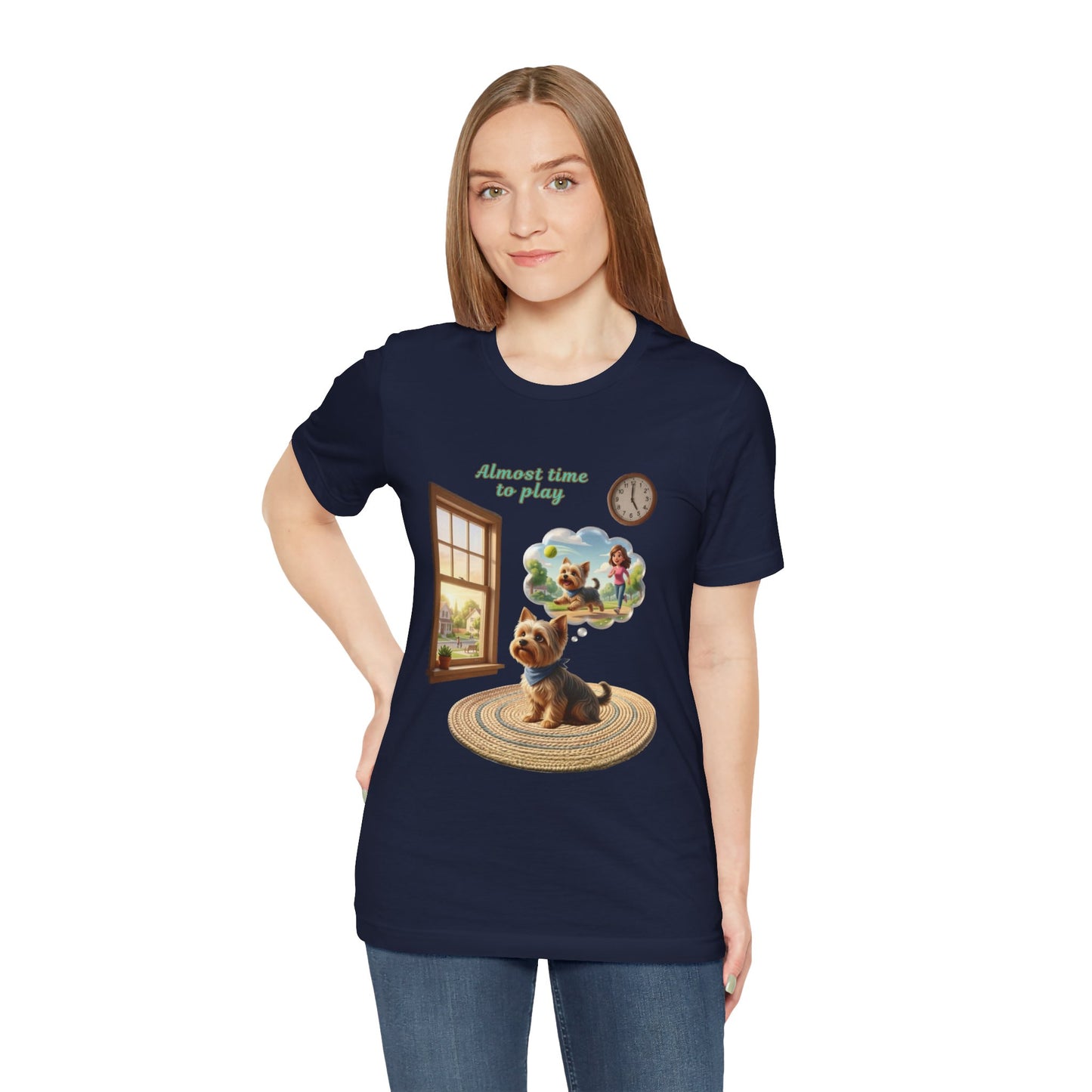 Woman wearing a navy blue t-shirt with a dog and cloud graphic and text.