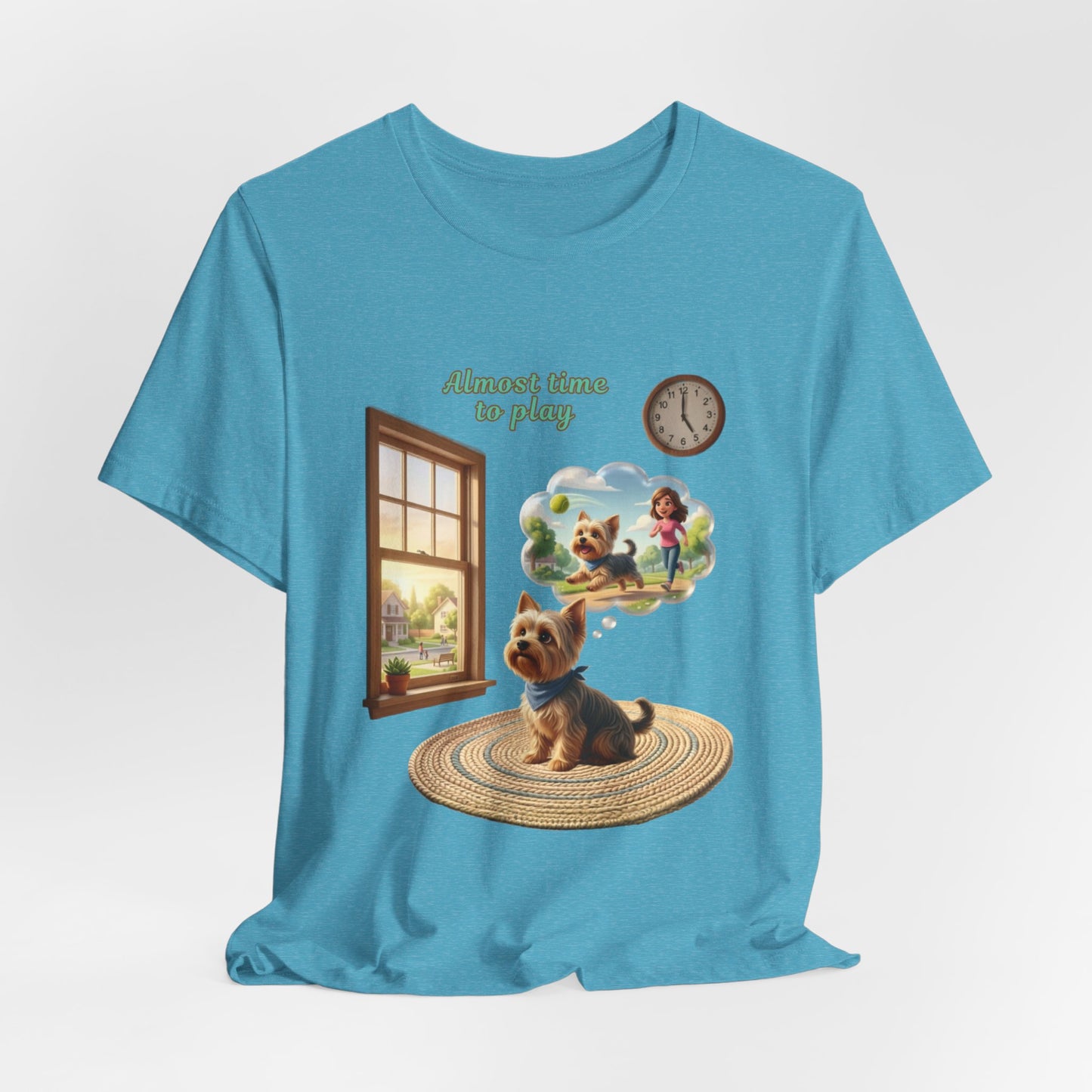 Blue t-shirt with a dog and window graphic on a white background
