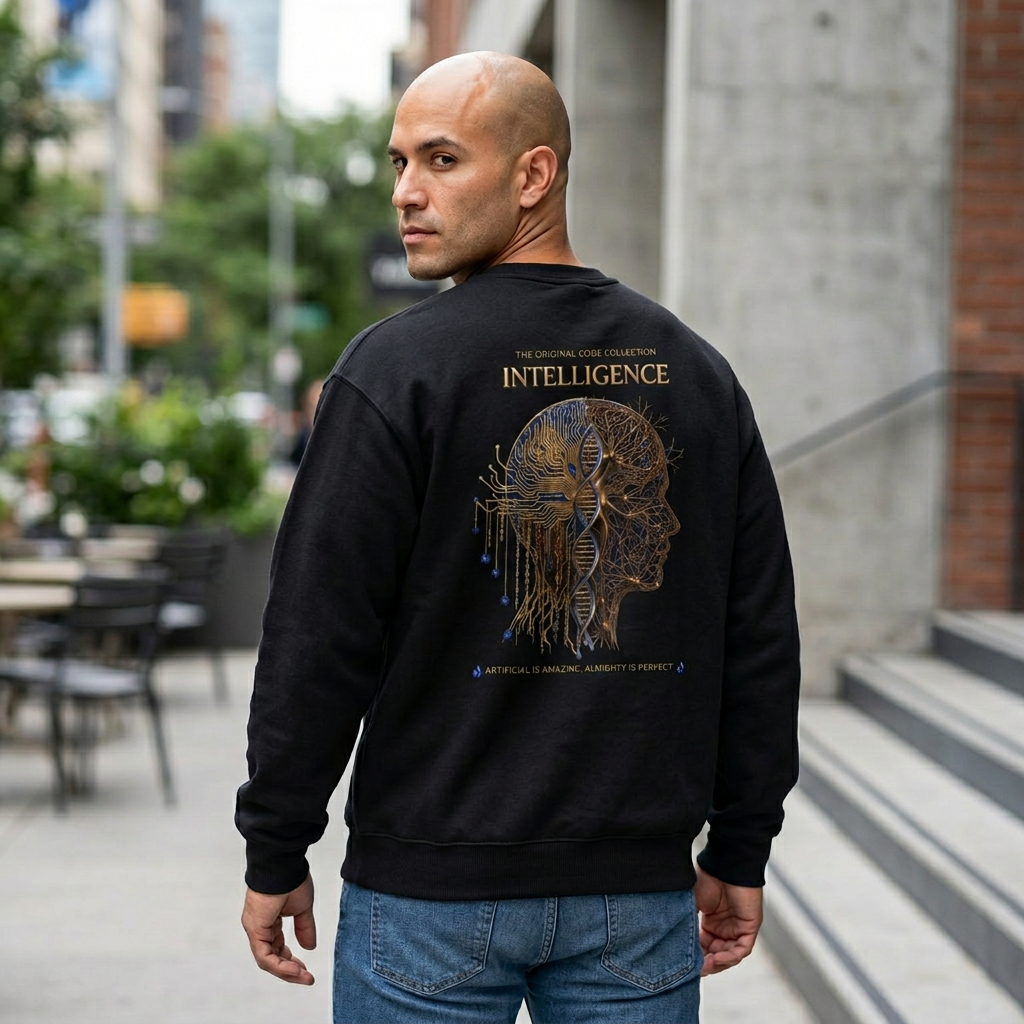 Man wearing a black sweatshirt with a design and text on the back, standing outdoors.