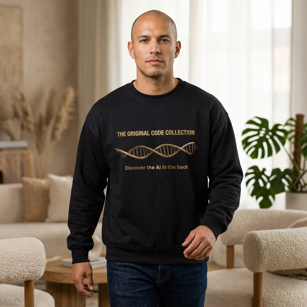 Man wearing a black sweatshirt with gold text and DNA symbol in a living room.