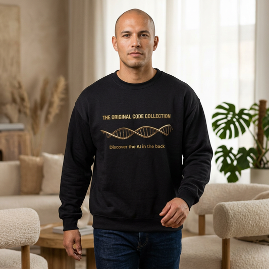 Man wearing a black sweatshirt with gold text and DNA symbol in a living room.