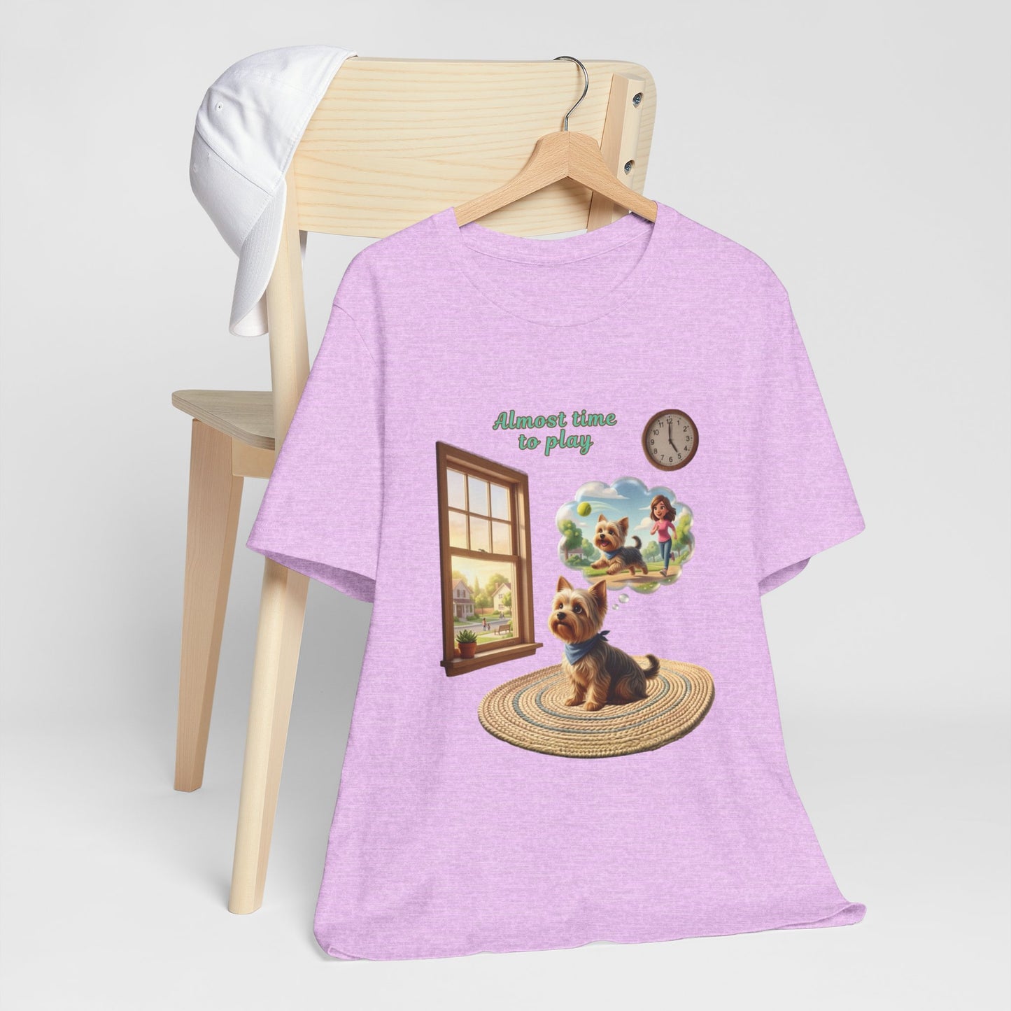 Light Purple t-shirt with a dog graphic and text on a white background