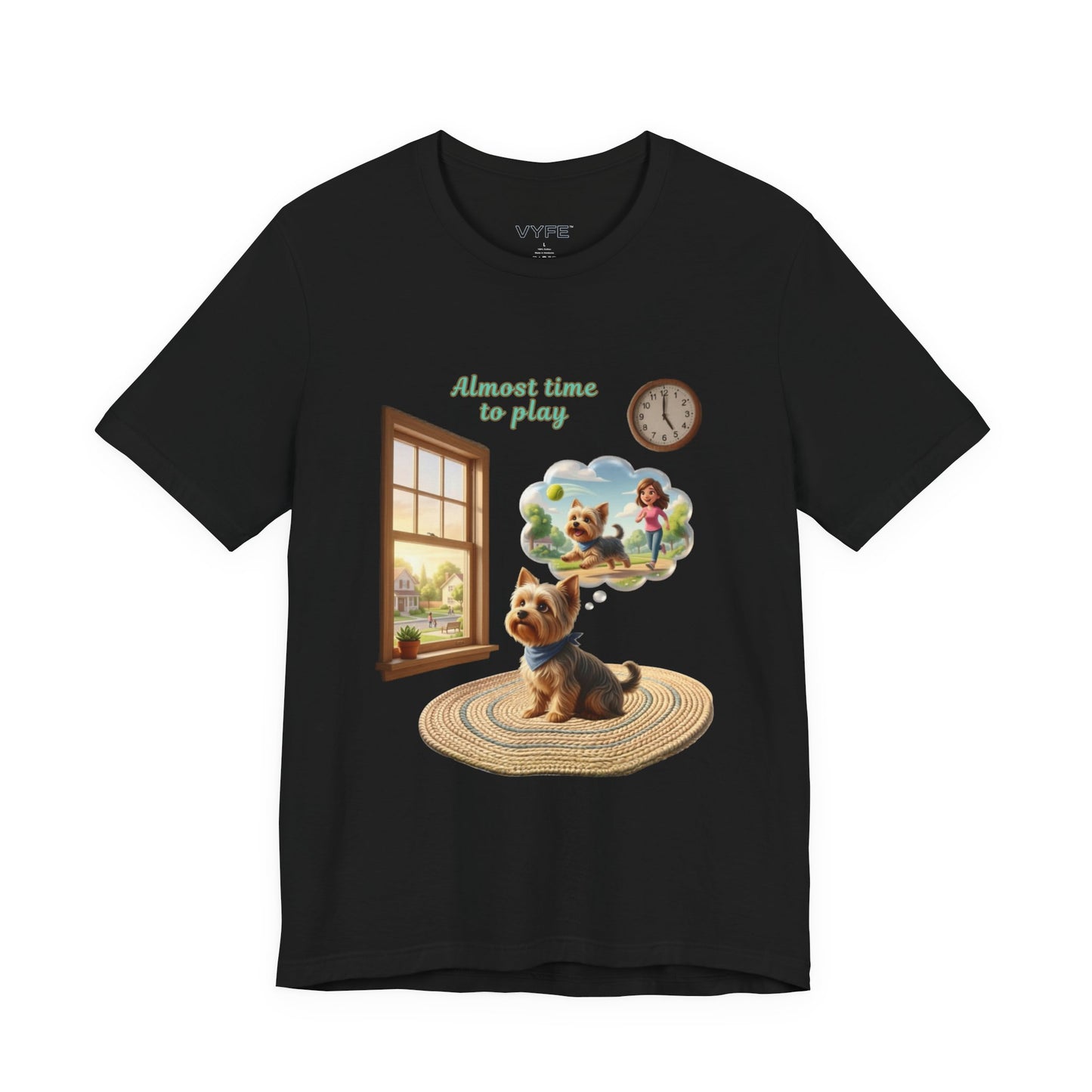 Black t-shirt with a dog graphic and text on a white background