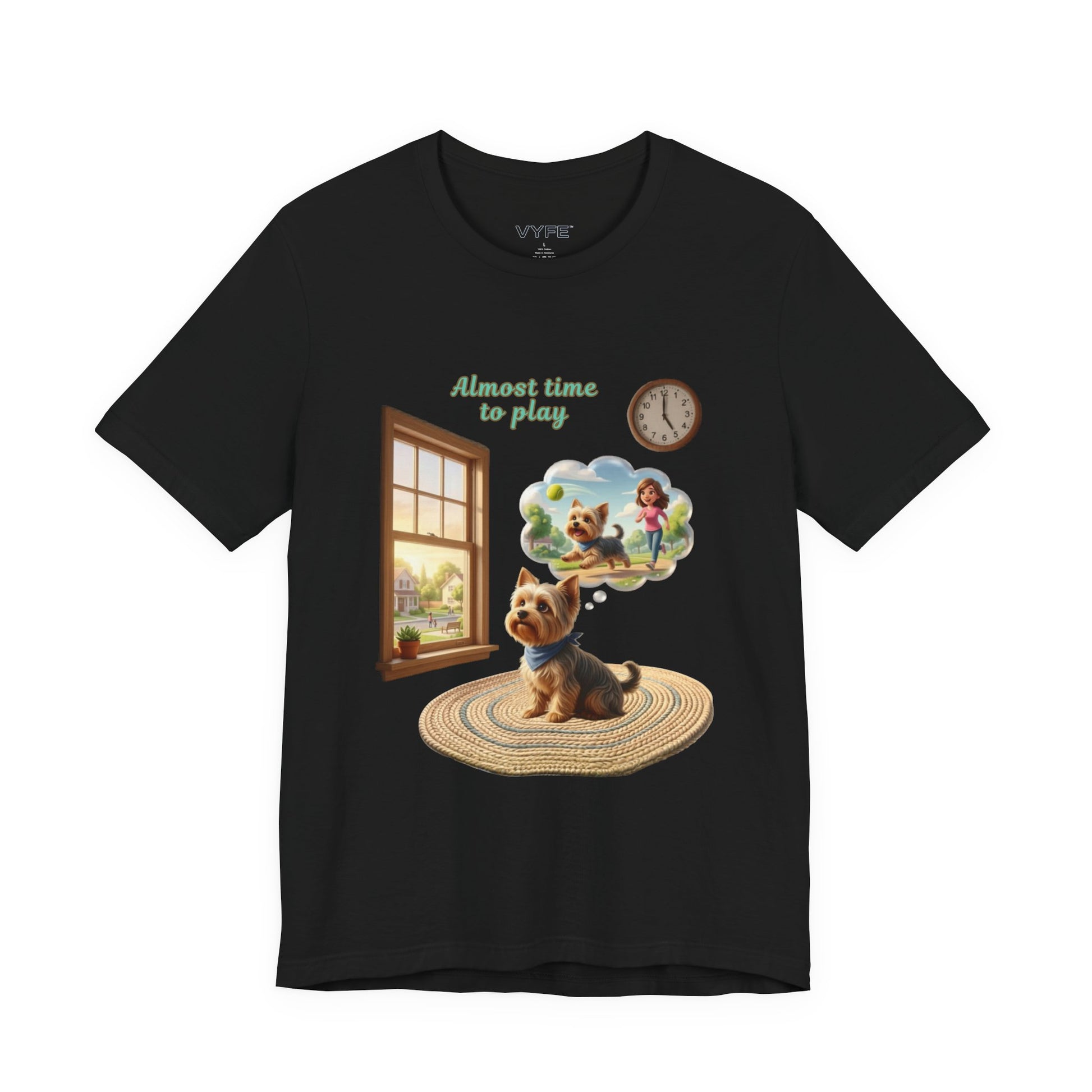 Black t-shirt with a dog graphic and text on a white background