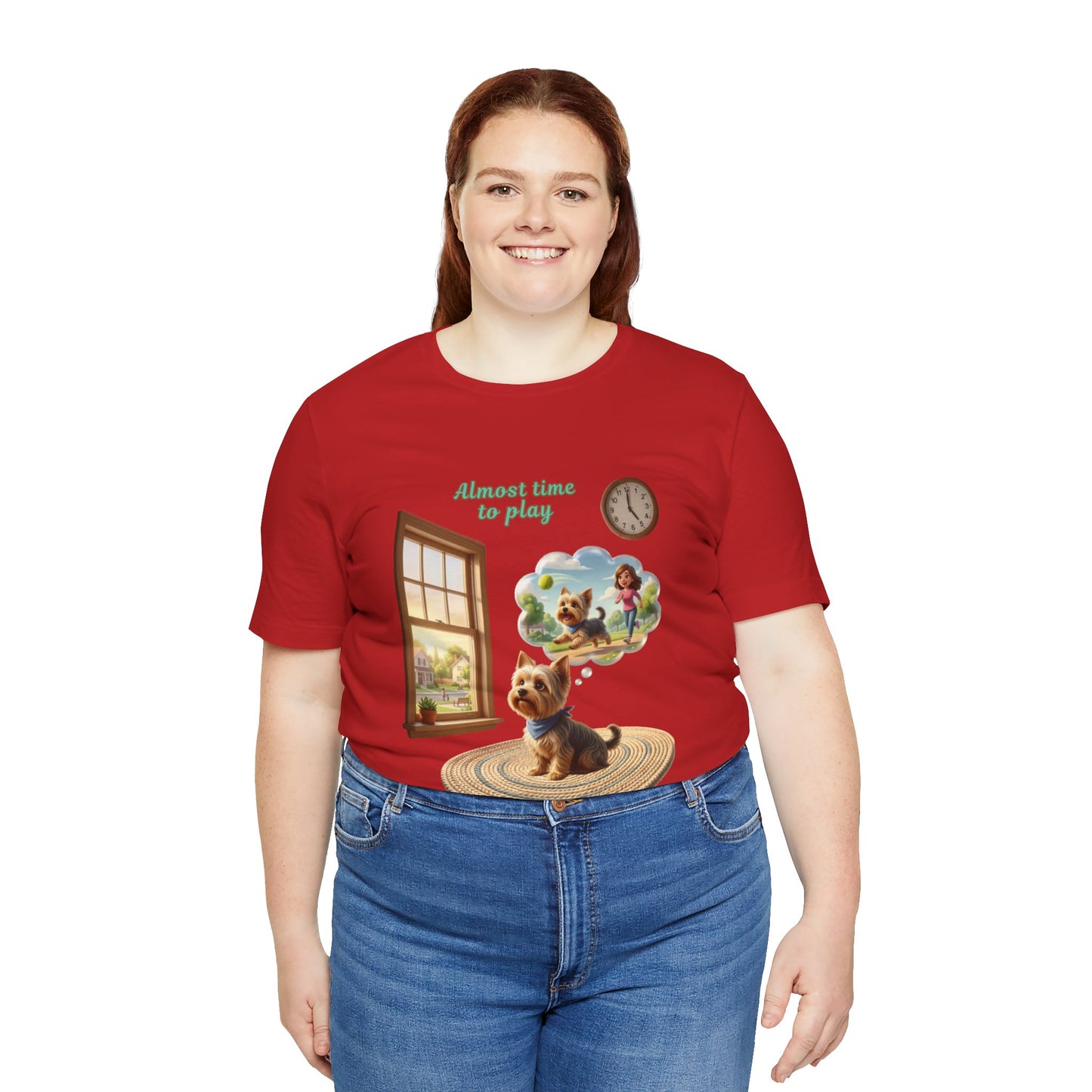 Person wearing a red t-shirt with a dog and clock graphic and text on a white background