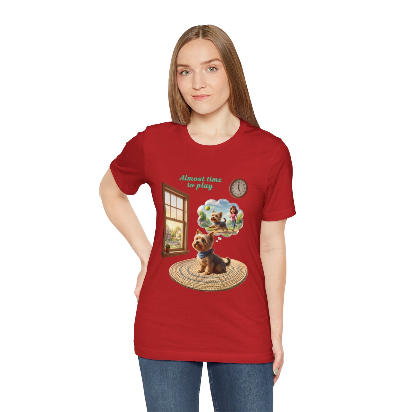 Person wearing a red t-shirt with a graphic design on a white background