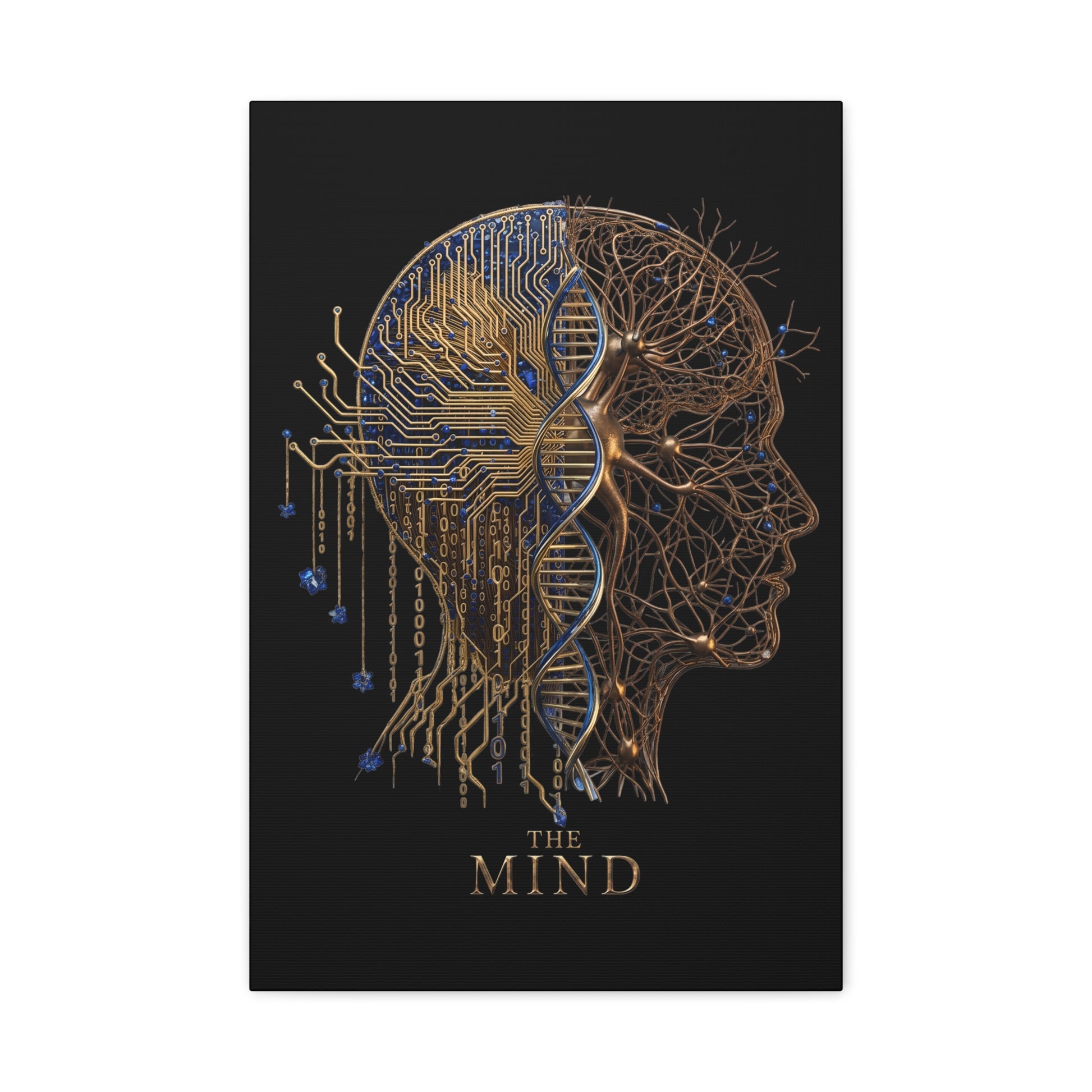 Artistic representation of a head with circuitry and DNA strands on a black background, featuring the text 'The Mind'.