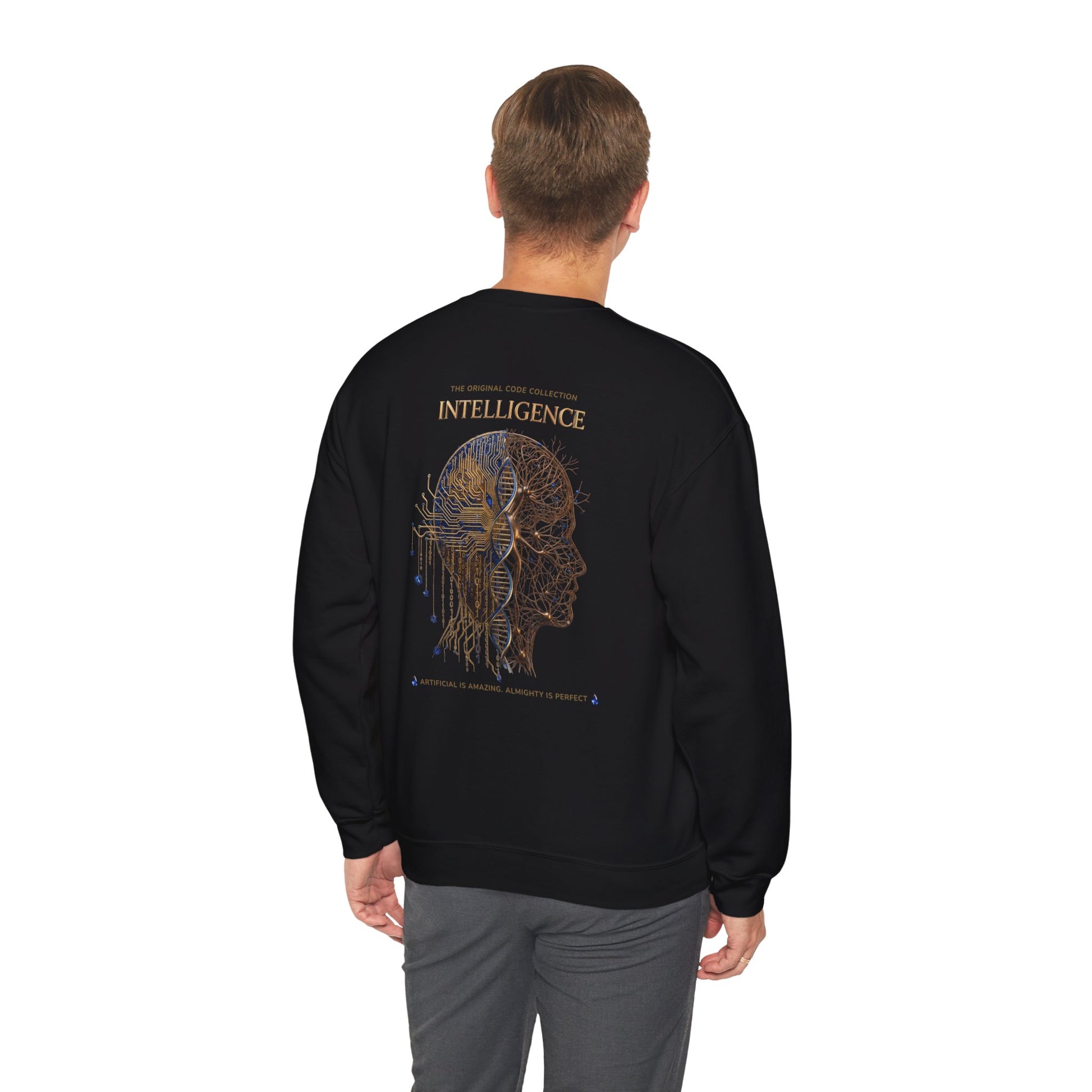 Black sweatshirt with white text on the back, worn by a person on a white background