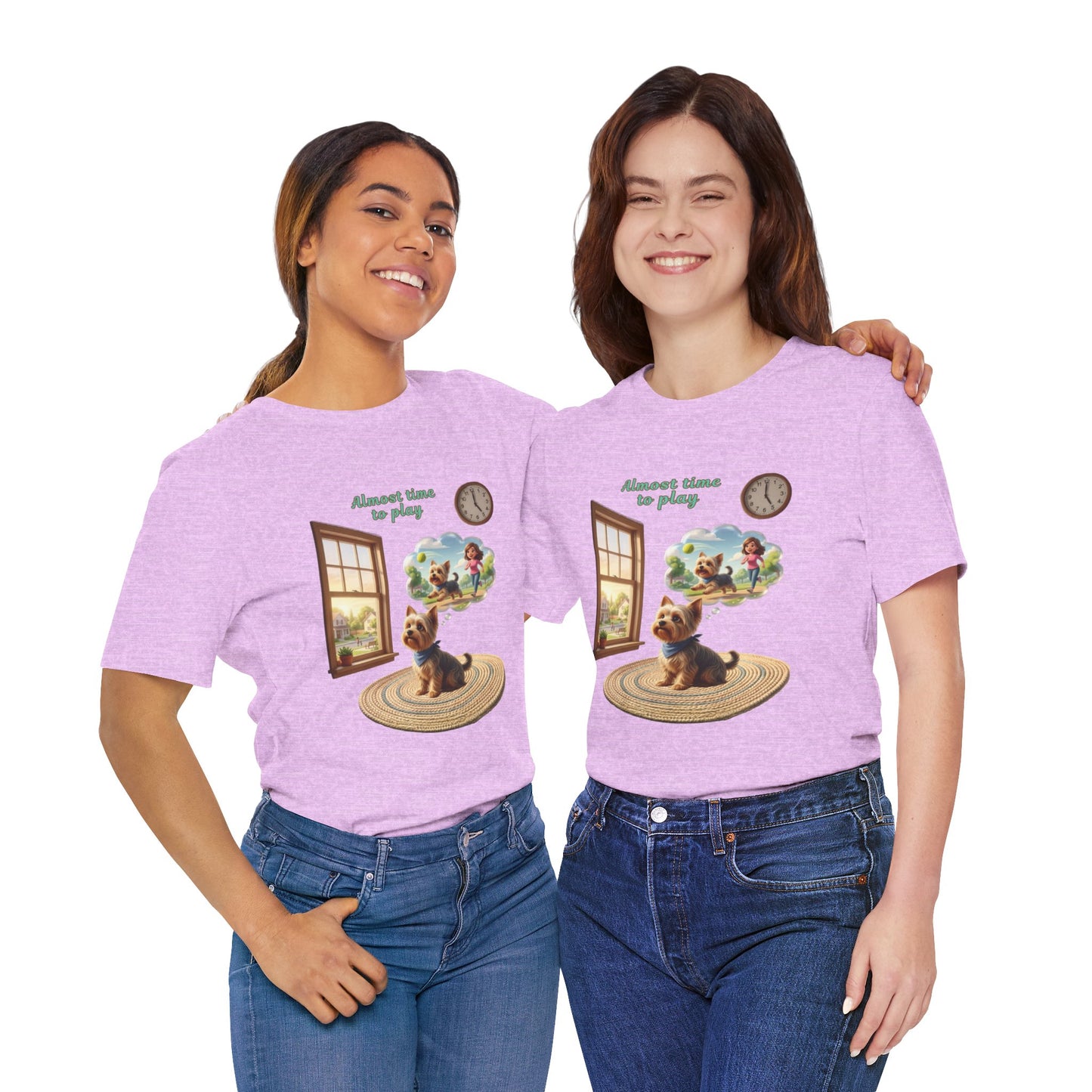 Two people wearing matching light purple t-shirts with a dog graphic and text.