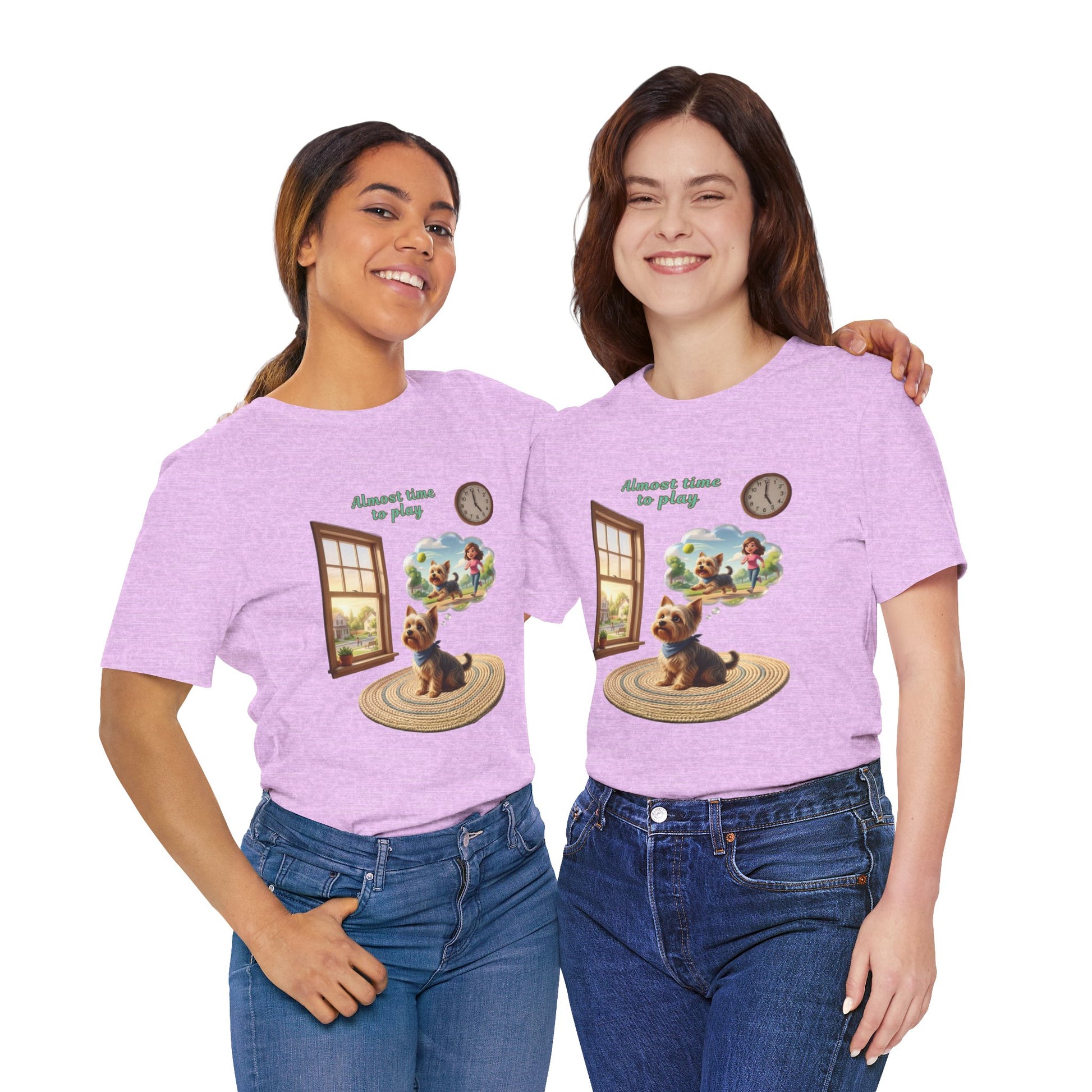 Two people wearing matching light purple t-shirts with a dog graphic and text.