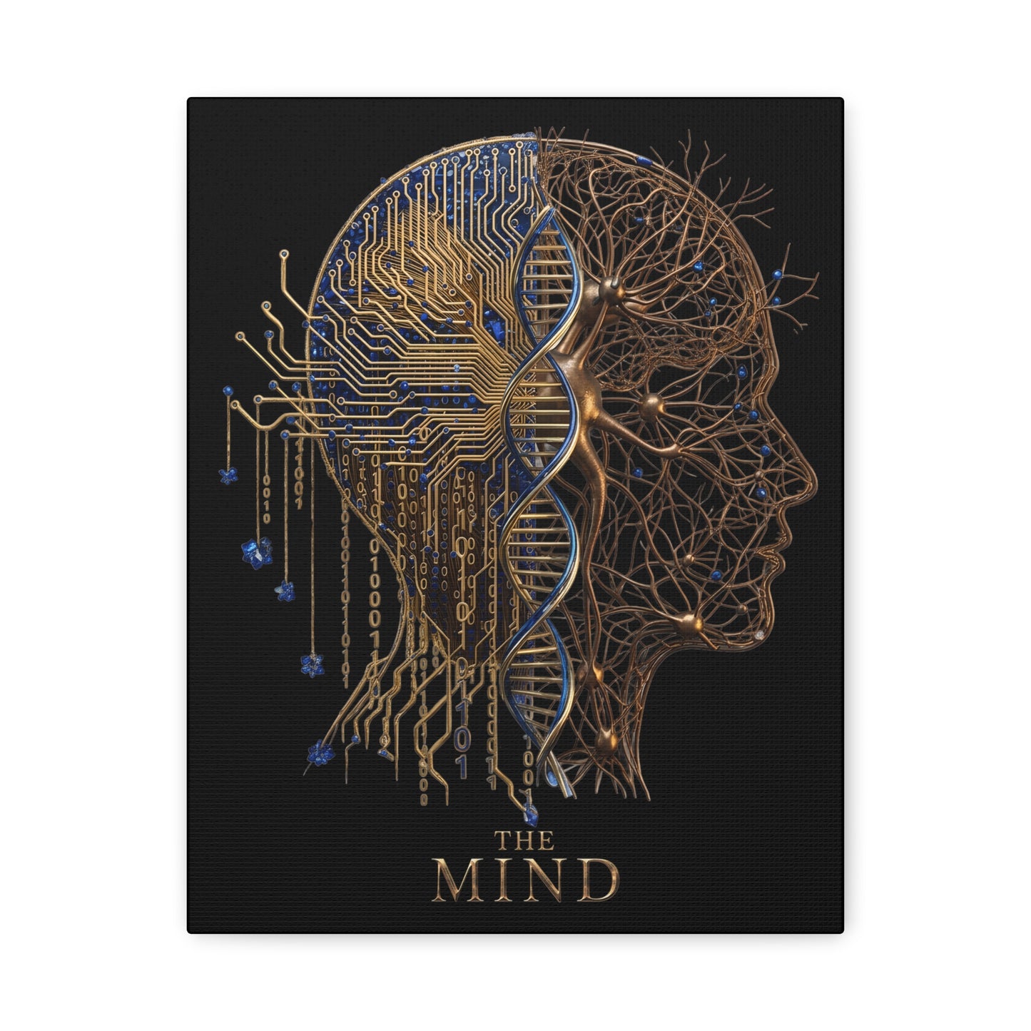 Artistic depiction of a head with circuitry and neural network design, labeled 'The Mind'.