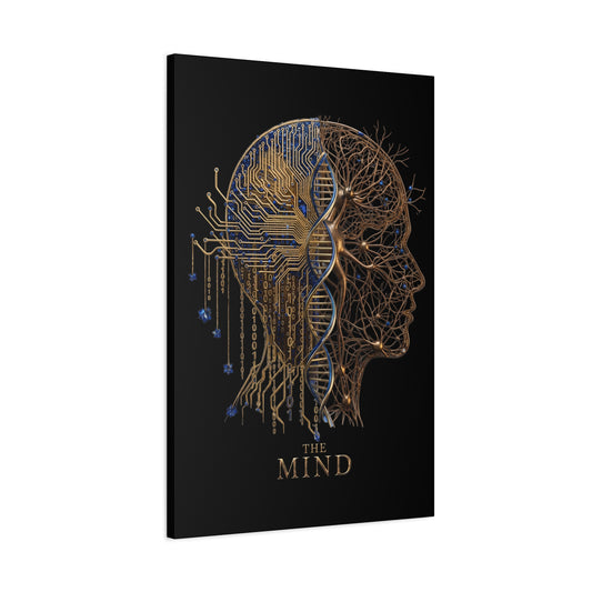 Canvas print with a digital illustration of a human head and circuit board design, titled 'The Mind'.