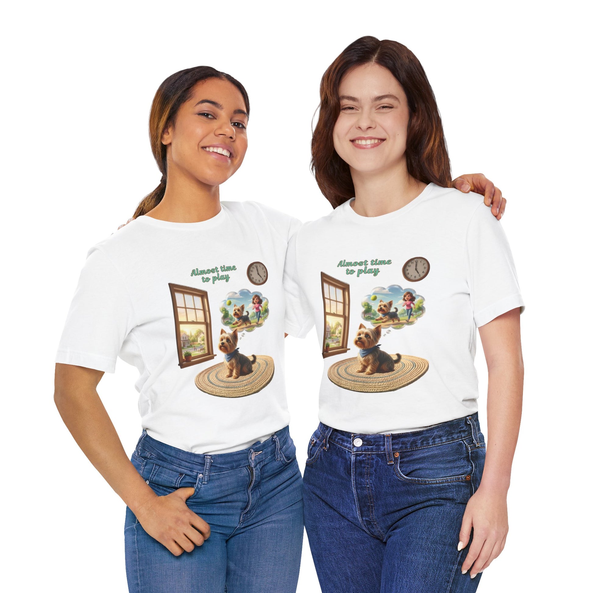 Two people wearing dog t-shirts featuring a dog waiting to play design.