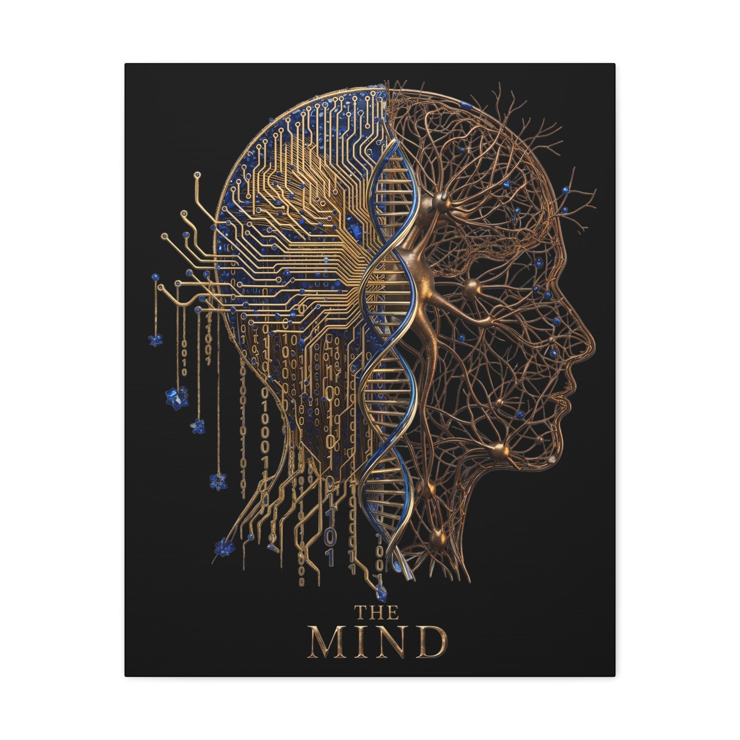 Artistic depiction of a human head with circuitry and neural network design on a black background, featuring the text 'The Mind'.
